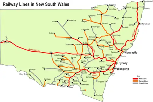 New South Wales showing railways connecting towns and major centres.