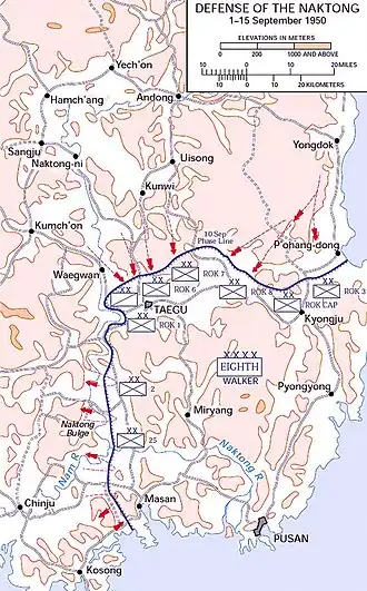 Topographic map of a defensive line along the southeast tip of a peninsula