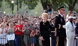 Former first lady Nancy Reagan on hand at 16th Street and Constitution Avenue to witness the transfer of her husband, Ronald Reagan's casket from hearse to caisson