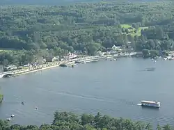 Naples from the air, with the Songo River Queen II on Long Lake and the newly-constructed causeway connecting Brandy Pond