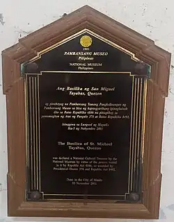 National Cultural treasure marker of St. Michael the Archangel Basilica in Tayabas city, Quezon (cropped)