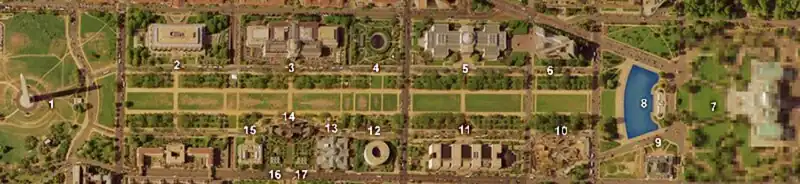 Image 1The National Mall proper and adjacent areas, April 2002. The Mall had a grassy lawn flanked on each side by unpaved paths and rows of American elm trees as its central feature. Numbers in the image correspond to numbers in the list of landmarks, museums and other features below. (from National Mall)