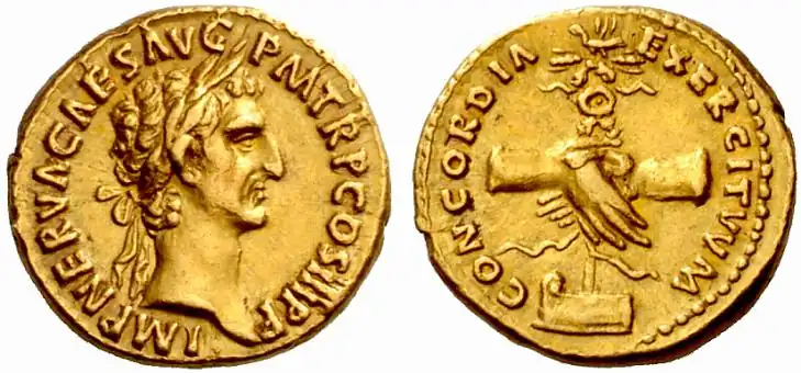 Handshake depicted on a Roman coin, with the name of the goddess Concordia (AD 97) Depictions of handshakes also appear in Archaic Greek, Etruscan and Roman funerary and non-funerary art. Muslim scholars have written that the custom of handshaking was introduced to them by the people of Yemen.