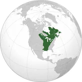 Image of a globe centered on New France, with New France highlighted