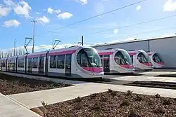 Urbos 3s in their original liveries at the depot in Wednesbury