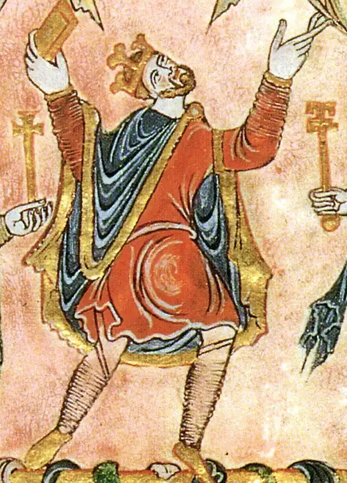 Image 17Edgar I of England in short tunic, hose, and cloak, 966 (from History of clothing and textiles)