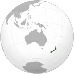 A map of the hemisphere centred on New Zealand, using an orthographic projection.