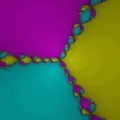 Newton fractal for three degree-3 roots p(z) = z3 − 1, coloured by root reached