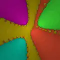 Newton fractal for p(z) = z5 − 3iz3 − (5 + 2i)z2 + 3z + 1, coloured by root reached, shaded by number of iterations required.