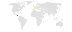 Map indicating locations of Nicaragua and United Kingdom