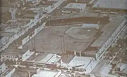 Black and white aerial image of a baseball stadium