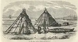 A drawing of three First Nations people in front of two tipis. There are two canoes on the shore and several larger ships in the water beyond.