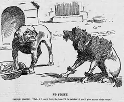 Cartoon by Joseph Morewood Staniforth on the incident. A French poodle says to a British bulldog: "Well, if I can't have the bone I'll be satisfied if you give me one of the scraps."