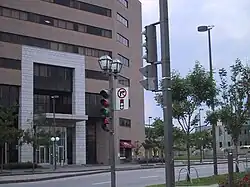 "No right turns on red light" sign in Quebec City, Quebec, Canada