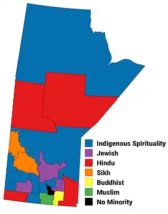 Largest non-Christian religion in Manitoba by census division, 1991 census