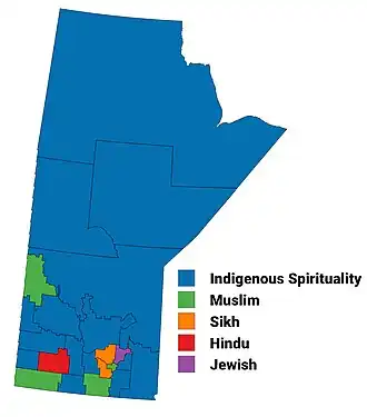 Largest non-Christian religion in Manitoba by census division, 2011 census
