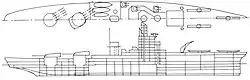 A line drawing of a ship with two stern gun turrets, both on the centerline, and catapults and a crane forward for aircraft