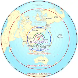 An azimuthal equidistant projection centered on North Korea with overlays showing the ranges of their different missiles