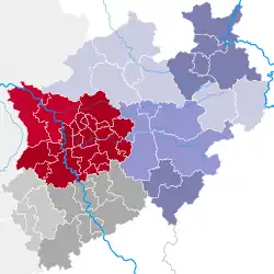 A map showing the German state of North Rhine-Westphalia, the location the VRR has been tasked for coordinating public transport is filled in red color