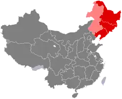 A map of China in which the provinces Liaoning, Jilin, and Heilongjiang are highlighted in red and Inner Mongolia in pink