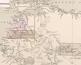 1886 map showing the small part of the Northern Territory subdivided into five counties