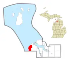 Location within Charlevoix County (red) and the administered CDP of Norwood (pink)