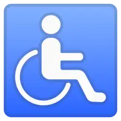 Emoji of the International Symbol of Access, depicting a white line figure of a person seated over the axis of a wheelchair on blue background