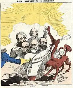 Press drawing showing a creature attacking a group of men protected by a sabre.