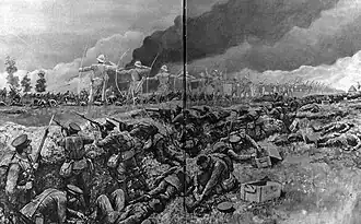 B&W painting of ghost bowman fighting in a WWI battle