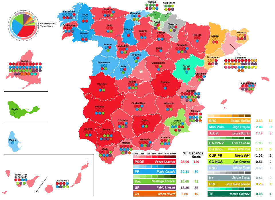 Map of Spain showcasing seat distribution by Congress of Deputies constituency