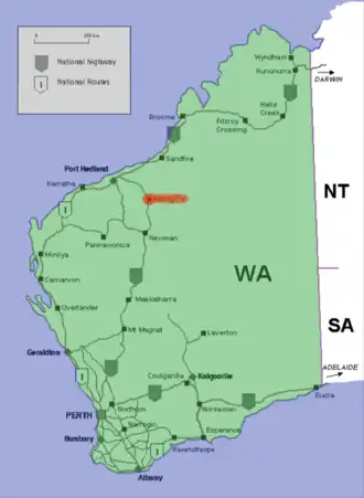 Location of Nullagine in Western Australia (red)
