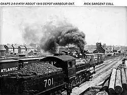 OA&PS engine #701 2-8-0 built by Baldwin Locomotive Works. The engine is shown in Depot Harbour, the western end of the line.