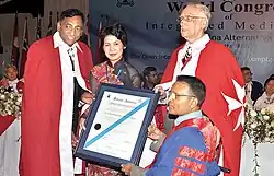 Recognition – A humanitarian award presented to Dr. Perera in November 2011 by Professor Dr. Dame Nguyen Theresa, International Vice Chancellor of OIUCM, Victoria Australia; Professor Dr. Sir John Hopson – Grand Master of the Knights of Charity, England; and Professor Dr. Sir Mayisvren Ellappen – Dean, Faculty of Complementary Medicines, Allianze University College of Medical Sciences, Malaysia.