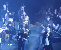 A small orchestra mostly compromising of the string section is playing on stage, with one person holding a microphone and the audience are on the topright of the picture.