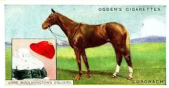 Ogden's cigarette card depicting Coronach and Lord Woolavington's racing colours from 1926