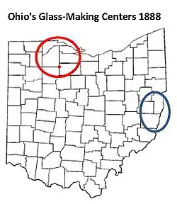 map of Ohio showing two major glassmaking centers