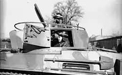 38M Toldi I with radio antenna folded down and hatches open, Budapest, Hungary, 1940