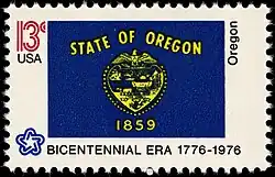 The Oregon state flag as depicted in the 1976 bicentennial postage stamp series