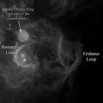 The Orion-Eridanus superbubble in Hydrogen-alpha, with the Barnard's Loop and Eridanus Loop. Image covers the same area of the sky as the left image.