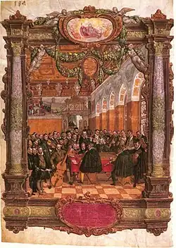 Renaissance composer Orlando de Lassus directing a chamber ensemble