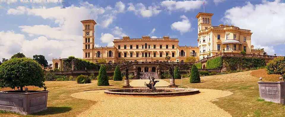 The main façade of Osborne House is designed in the Italianate style.