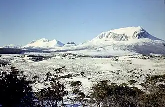 Mount Ossa (tallest on left) and Mount Pelion West (right)
