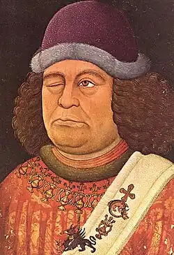 Oswald von Wolkenstein—portrait from the Innsbrucker Handschrift, 1432—wearing the Order of the Dragon chain