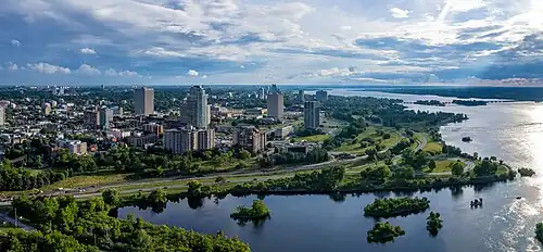 Western Ottawa's rapidly growing skyline in 2022, with Tunney's Pasture in the foreground and Westboro in the background.