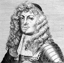 Black and white print shows a frowning man wearing studio armor. He sports a wig with long curly hair.