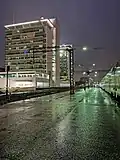 Station platform and tower blocks
