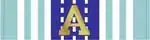 A gold-colored capital letter "A" centered on a dark blue vertical band with white dashed lines, flanked by light blue and white vertical stripes.