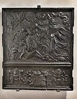 Furnace plate from Fossum Ironworks with Ove Gjedde and his wife's coat of arms