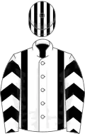 White, black braces, chevrons on sleeves, striped cap