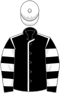 Black, white seams, hooped sleeves, white cap